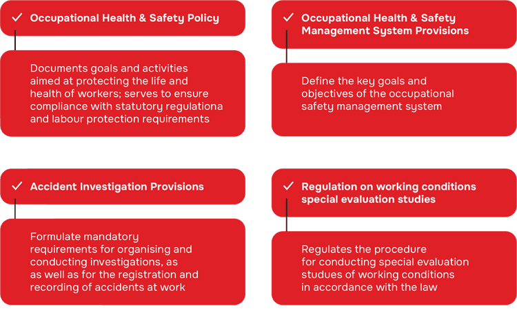 Occupational Health & Safety Policy Documents goals and activities aimed at protecting the life and health of workers; serves to ensure compliance with statutory regulationa and labour protection requirements