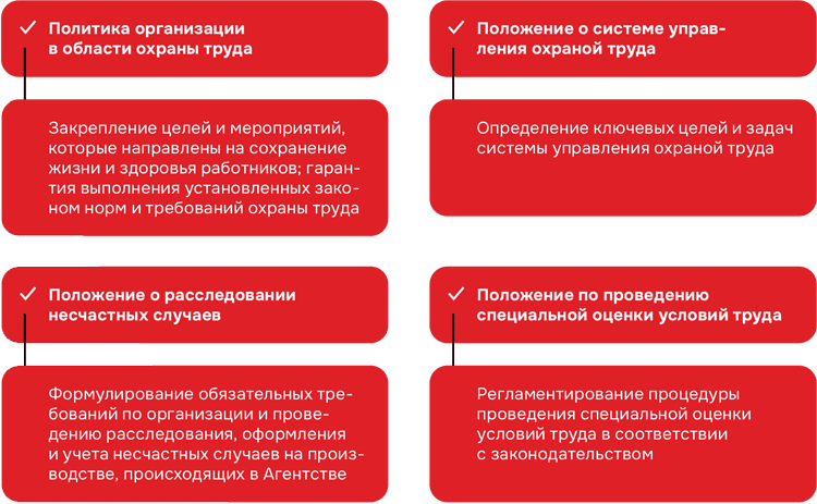 Политика организации в области охраны труда Закрепление целей и мероприятий, которые направлены на сохранение жизни и здоровья работников; гарантия выполнения установленных законом норм и требований охраны труда